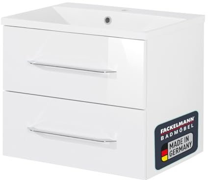 FACKELMANN B.Clever Waschtischunterschrank mit Gussbecken, 60 x 51 x 46 cm, Korpus Weiß matt, Front Weiß Hochglanz, hängend – Modernes Design für Dein Badezimmer