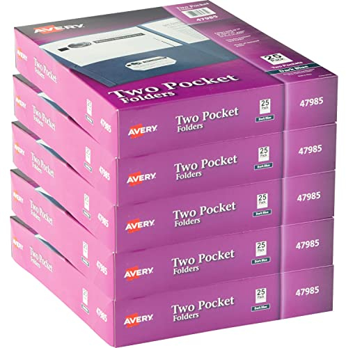 Avery Fächermappe mit 2 Fächern, für bis zu 40 Blatt, Visitenkartenfach, Etui, Packung mit dunkelblauen 125 Mappen (47985)