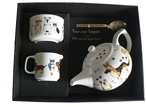 crackinchina Dogs Teapot, Milk jug and Sugar Bowl in Gift Set - Porcelain teapot, with Matching Milk & Sugar in Gift Boxed Package