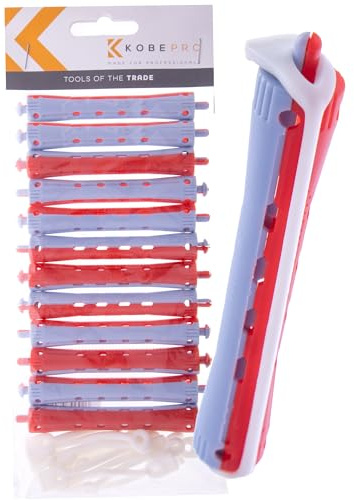 Kobe Professional Hairdressing Perm Rods with Rubbers - Non-Slip, Curling Tools for Wet/Dry Hair, Durable & Reusable - Ideal for Salons & Home Use - Red/Blue 11 mm