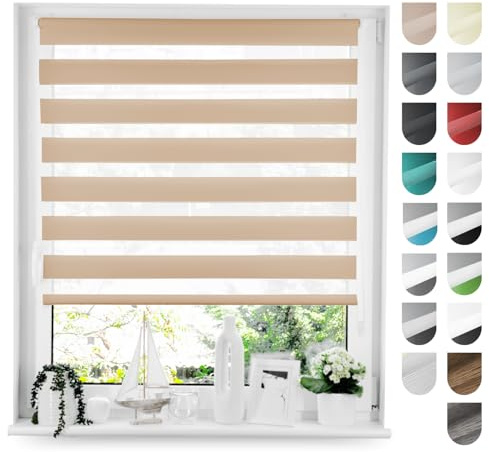 Tom'Shop Doppelrollo Klemmfix ohne Bohren Beige 80cm x 150cm | Duo Rollo mit Klemmträger Fensterrollo Seitenzugrollo für Lichtschutz Sichtschutz Sonnenschutz leichte Montage