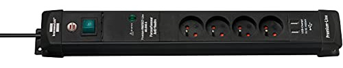 Brennenstuhl Premium-Line Steckdosenleiste mit USB-Ladebuchsen, Überspannungsschutz und 4 Steckdosen mit Schalter (Lineal mit 1,80 m Kabel, 2 USB-Ports 5 V/3,1 A, schwarz