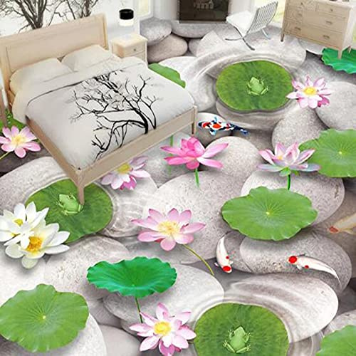 HGFHGD Etiqueta engomada del piso impermeable autoadhesiva de PVC 3D guijarro tridimensional pez loto estanque piso mural papel tapiz baño dormitorio pegatina