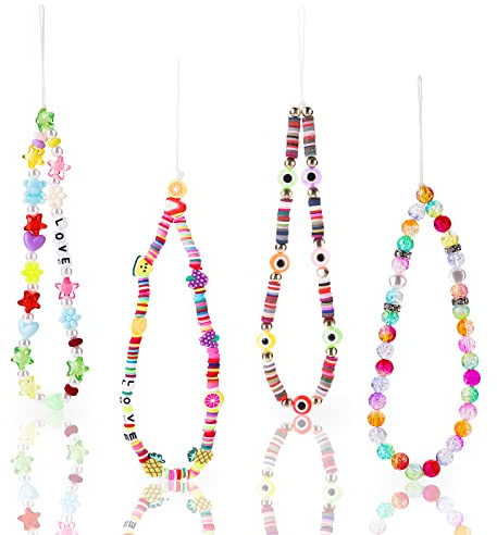 Sibba Beaded Phone Charm 4 Pieces Lanyard Wrist Strap String Rainbow Color Handmade Acrylic Beads Wristlet Bracelet Anti-lost Key Chain Cell Case Decoration Accessories