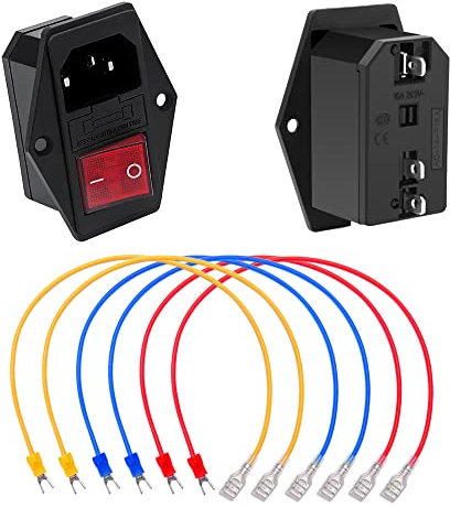 YIXISI 2 PCS AC 10A 250V Power Rocker Switch IEC320 C14, 3-Pin Power Socket Inlet Module Plug for 3D Printer, Male Power Rocket Switch with 10A Fuse & 6 PCS 18 AWG Wiring
