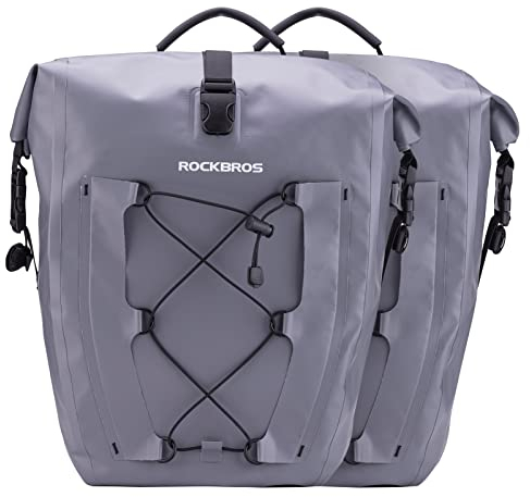 ROCKBROS Bike Pannier Bag 25L-32L 100% Waterproof Rear Rack Bicycle Bag for Rear Carrier Bike Handbag for Cycling Touring Travelling Grey 2PCS