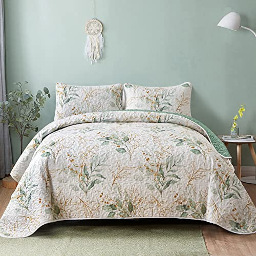 REJOON 3-teiliges Steppdecken-Set Queen Botanical Green Leaves Wende-Bettwäsche-Sets Weiche Mikrofaser-Tagesdecke Bettdecken-Set for die ganze Saison (Color : Green, Size : Queen(90x90))