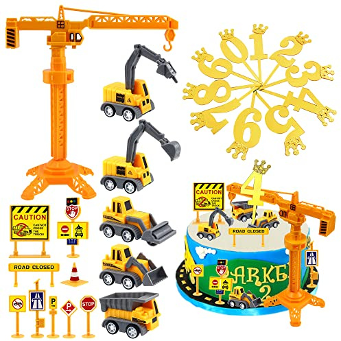 25Pcs Mini Construction Vehicles Cake Toppers Set for Birthday Party | Number 0-9 Golden Stick and Road Sign Tower Crane Excavator Cupcake Topper Digger Theme Cake Decorations for Birthday