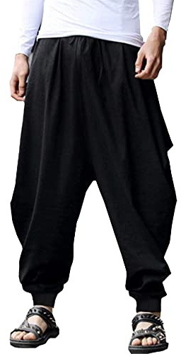 YAOHUOLE Harem Pants Mens Yoga Pants Mens Kidoriman Men Thai Fishermans Pirate Trousers Men Hippy Trousers Black L