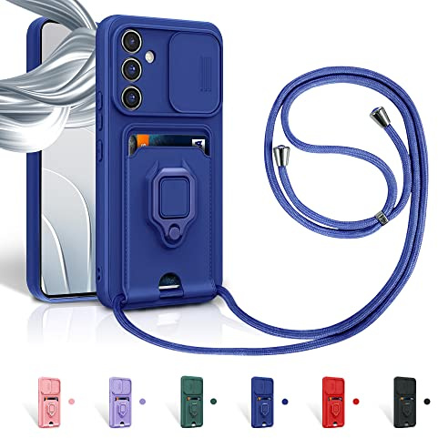 Aithne Funda con Cuerda para Samsung Galaxy A34 5G Case con Ranura para Tarjetas,360 Anillo función de Soporte Cubierta -Azul