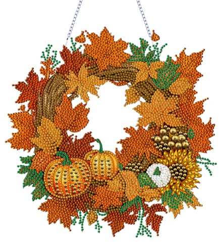 Demiawaking 5D DIY Diamond Painting Kürbis Girlande Kranz Set, Diamant Painting Anhänger Herbstdeko Kits mit Kette, Diamant Malerei Türkranz Kürbis Herbst Deko Tür Fenster Deko DIY Geschenk (E)