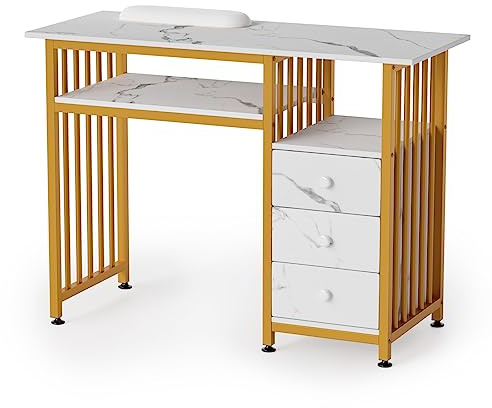 OmySalon Manicure Table w/Wooden Drawer Storage, Gold & White Marbling Nail Desk for Nail Technicians, Nail Station for Salon Spa Beauty Makeup, Acetone Resistant, 43.3'' L W/O Dust Collector