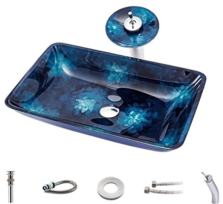 Gefäß-Waschbecken, Gefäß-Waschtisch-Waschbecken, Aufsatzwaschbecken, Vintage-Stil, Handmalerei, Kunst, Aufsatz-Badezimmer-Handwaschbecken, blaues Glasgefäß, Badezimmer-Waschbecken, Einzelschüssel, Sha