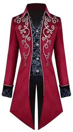 FJKVKDT Men Medieval Steampunk Tailcoat Jacket Male Victorian Renaissance Gothic Retro Coat Halloween Party Cosplay Gentleman Costumes for Adult (Red, L)