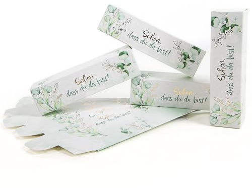 Logbuch-Verlag 10 Schön dass Du da bist Schachteln Gäste Geschenk Eukalyptus Verpackung 15 x 4 x 4 cm grün weiß gold