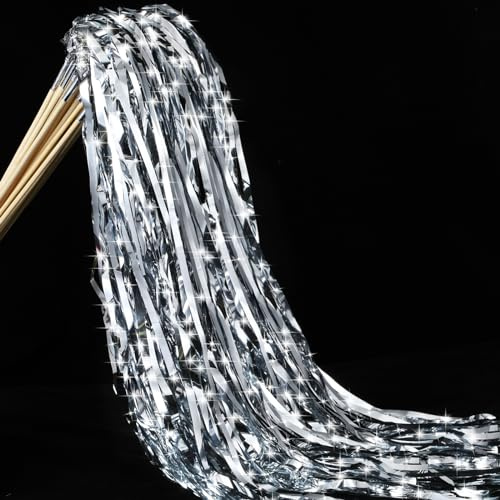 Motionchic 50 Pcs Wedding Fairy Wands with Bells Foil Tinsel Ribbon Stick Wands Tinsel Party Streamers with Bell Glittery Bridal Wedding Send Off Ideas Holiday Celebration (Silver)