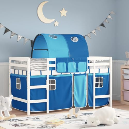 vidaXL Kinderhochbett, Hochbett mit Tunnel Vorhängen, Spielbett Bett für Kinder ab 6 Jahren, Kinderbett Etagenbett Stockbett, Blau 90x200cm Massivholz Kiefer