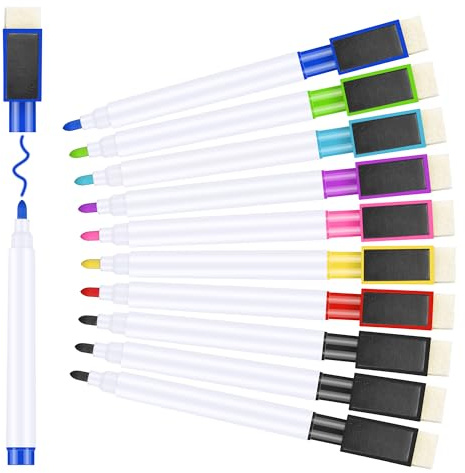 Meetory Whiteboard Marker Magnetisch - 10 Stück 8 Farben Folienstift Abwischbar Trocken mit Radierer, Schwarz für Schule Zuhause und Spiel (11.3 * 1cm)