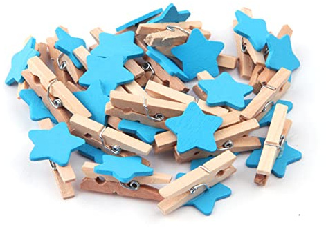 Wisafory 50 mollette in legno a forma di stella, mollette decorative, clip in legno, mini mollette in legno, decorazione per fai da te, foto, biglietti, feste, matrimoni, celeste