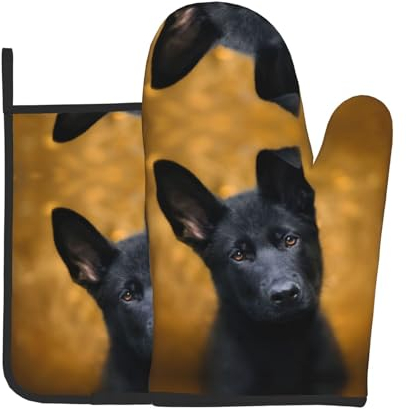 Ofenhandschuhe und Topflappen, Motiv: Deutscher Hund, personalisierbar, bedruckt, sicher, hitzebeständig, rutschfest, für Küche und Kochen, Schwarz