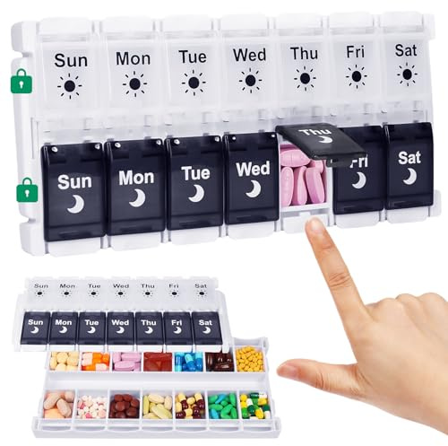Shintop Pill Organizer 2 Times a Day, Easy Fill Weekly Pill Box Am Pm Push Button Pill Container 7 Day Medicine Organizer for Vitamins Supplements （Black&White）