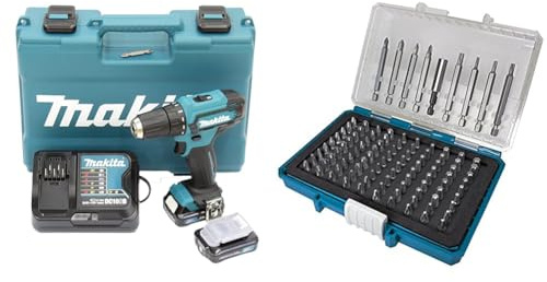Makita DF333DSAE Akku-Bohrschrauber 12 V max. / 2,0 Ah, 2 Akkus + Ladegerät im Transportkoffer, Schwarz, Blau & Bit-Box 99-teilig, P-81050, 17.6 x 4.4 x 11.8 cm
