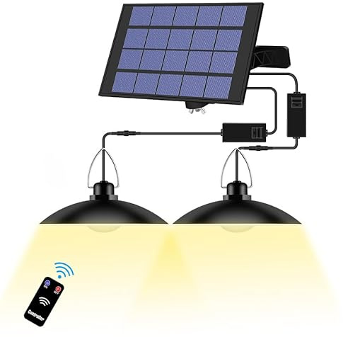 Solar Hängelampe IP65 Wasserdicht Solarleuchten für Außen mit Fernbedienung Doppelköpfige Hängend Solarlampen 3000K Warm Weiß Solar Pendelleuchte mit 3M Kabel für Pavillon Balkon Terrasse Garten