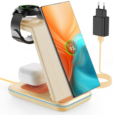 CIYOYO 3 in 1 Induktive Ladestation für Samsung, Kabelloses Ladegerät für Samsung Galaxy S25 S24 S23 Ultra S22 S21 S20 Z Flip Fold 4, Galaxy Watch 7/6/5/5 Pro/4/3, Galaxy Buds 2 Pro-Bambus