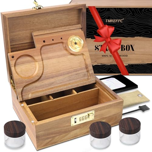 TMKEFFC Lockable Acacia Wood Stash Box with Rolling Tray & Hygrometer – Smell Proof Storage with 3 Glass Jars & Combination Lock, Ideal Gift for Him/Dad/Husband