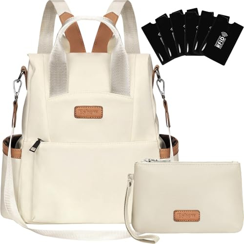 Eshow Mochila Mujer Antirrobo, Bolso Casual con Correa Ajustable y Asa Superior, Bandolera Multifuncional para Uso Diario Trabajo Viaje Escuela Compras y Universidad Blanca