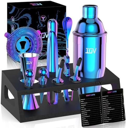IOV Cocktail-Shaker-Set, Barkeeper-Set mit Ständer, 12-teiliges Bar-Set enthält alle Getränke-Mixwerkzeuge und Rezeptbroschüre, lustiges Einweihungsgeschenk (680 ml Martini-Shaker, Regenbogen)