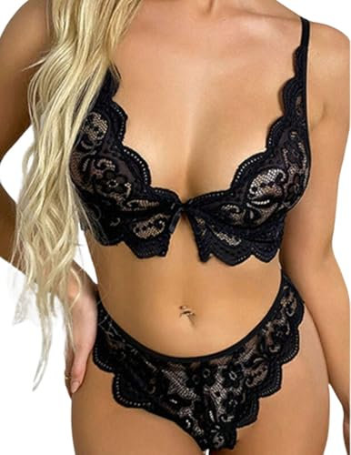 PARUPRUP Lace Bow Lingerie Set Women Sexy Underwear See-Through Bra and Knickers Set Hot Lady Nightwear Thin Cup Breathable Hollow Bra and Brief Set (Black, L)