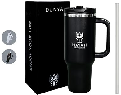 Dünya Hayati Premium Thermobecher 1,2L/40oz – TÜV-geprüft, LFGB-zertifiziert, BPA-frei | Auslaufsicher mit Deckel & Strohhalm | Edelstahl Trinkbecher mit Lasergravur, 8h heiß, 12h kalt, 24h eisgekühlt