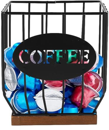 Gzsekken Coffee Pod Holder, Metal Coffee Pod Storage Basket, Counter Coffee Capsule Holder, Coffee Bar Accessories, Black Wire Kup Storage Basket with Wooden Base for Kitchen and Office-Medium