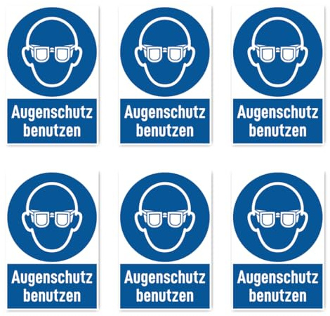 Aufkleber: 75x50 mm, 6 Stück - Augenschutz benutzen - Gebotszeichen mit Text (deutsch) (blau/weiß) - hochkant - M004 - DIN EN ISO 7010 / ASR A1.3