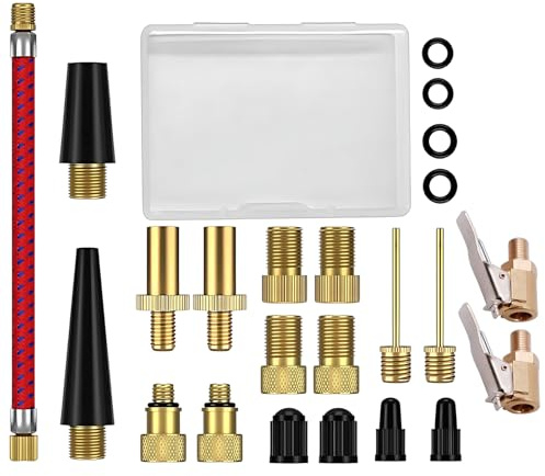 AMSNINK Fahrradventil Adapter Set 23 Stück - Professionelles Set Mit Französisches Ventil Adapter, Kompressor- & Autoventiladapter, Französisches Ventil, Ballnadel, Kegelventil Und Luftpumpe Adapter