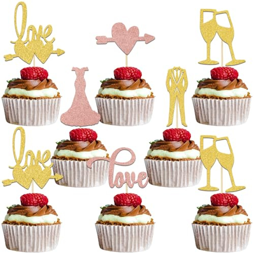 Cupcake-Topper mit Hochzeitsmotiv, für Hochzeit, Cupcake-Topper, Braut und Bräutigam, He Asked She Said Yes Verlobung, Brautparty, Partyzubehör, Gold, Roségold, Glitzer, 24 Stück