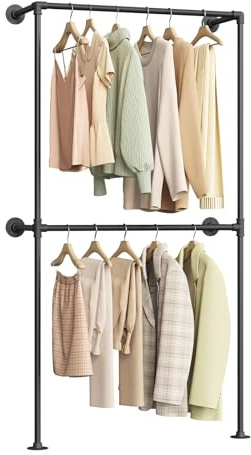 WOLTU Perchero de Pared Industrial, 2 Rieles para Colgar Ropa, Armario Abierto, Perchero Industrial de Tubos de Metal, Barras Colgantes para Dormitorio y Vestidor, Negro, 102,5x36,5x187 cm
