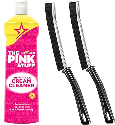 Cream Cleaner 500ml and 2-Pack Crevice Cleaning Brush Bundle – Tough Pink Stuff Stain Remover and Bathroom Cleaning Products for Kitchens, Tiles, Grout, Glass, Metal Surfaces and Narrow Gaps