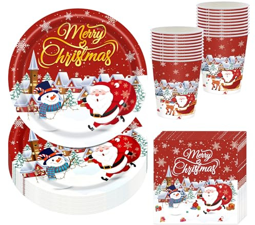 Ensemble de Vaisselle de Noël, 52 Pièces pour 16 Invités Décoration de Noël Fantaisie avec Assiettes Tasses Serviettes, Tree De Santa Elk Anniversaire