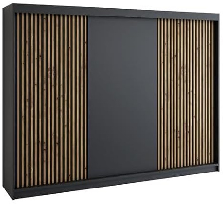 A&J MöbelLand Schwebetürenschrank IOSA Kleiderschrank 3-türig mit 4 Schubladen & 3D Lamellen, Garderobe 200 cm (Schwarz/Schwarz/Schwarz/Schwarz)