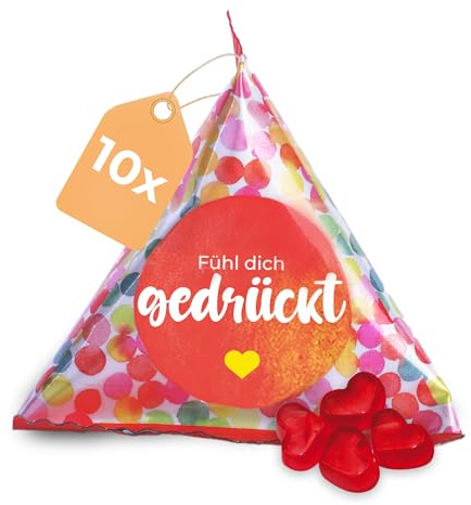 Fruchtgummi Herzen 10er Pack Süßigkeiten Fühl dich gedrückt 10x15g | leckere Herzgummibärchen-Tetraeder, mit 10% Fruchtsaft, perfektes Dankeschön, Give-away, Gastgeschenk oder Mitgebsel
