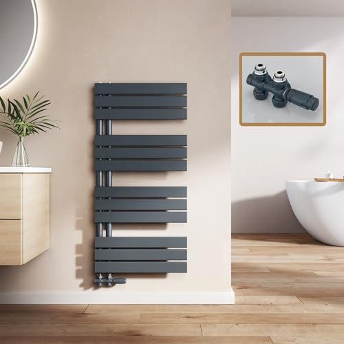 EMKE Badheizkörper mit Multiblock 1041x500 mm, Flach Handtuchheizkörper mit Seitenanschluss, Effizienter Handtuchwärmer Handtuchtrockner Heizkörper für Bad, Anthrazit, 555W