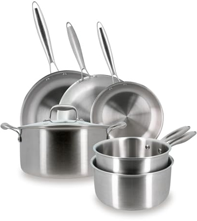 MENASTYL - Batterie de cuisine inox 6 pièces Trinox tous feux dont Induction - Structure 3 couches - Sans substances nocives - Lave-vaisselle - 3 poêles, 2 casseroles, 1 faitout - 6014262