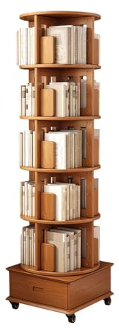 JQslycdmv Drehbarer Bücherturm Mit Schublade, Um 360° Drehbares Bücherregal Aus Massivholz Auf Feststellbaren Rollen, Für Schlafzimmer Und Wohnzimmer(A)