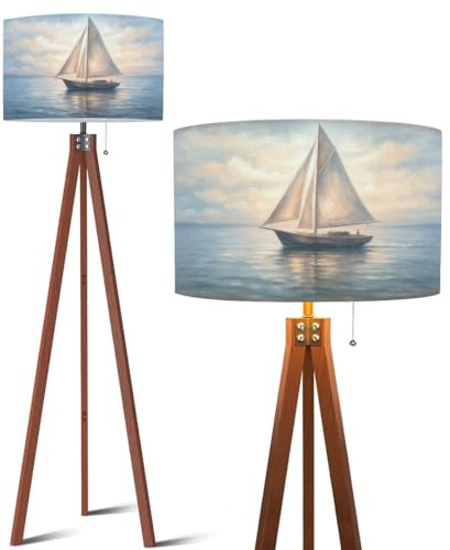 Wood Tripod Floor Lamp Abstract Sailboat Ocean Boat Grey Gold Coastal Nautical Sunset Mid Century Standing Lamp Linen Shade Dimmable Modern Tall lamp Home Decor for Living Room Bedroom Office