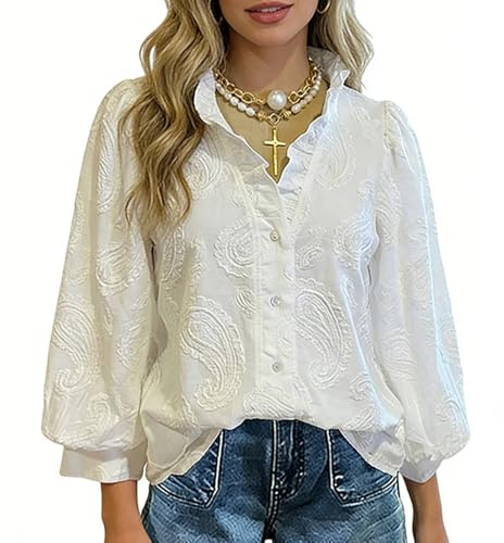 CHERRYBETTY Women's White Textured Floral Embroidery Blouse Ruffled V-Neck 3/4 Puff Sleeve Button-Down Casual Tops