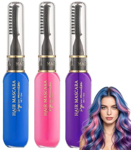 Temporary Hair Dye & Colour Spray Set - 3PCS Wash Out Hair Dye with Mascara & Hairspray - Washable in Blue, Purple, Pink for Parties & Play