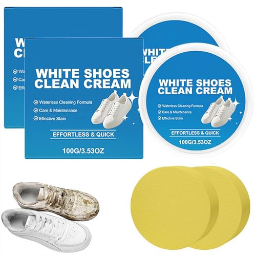 White Shoe Cleaner Cream, No-Rinse Waterless Stain Remover for Leather, Canvas, Trainers & Sneakers, Multi-Purpose Whitening Polish with Built-in Sponge Applicator for Boots and More