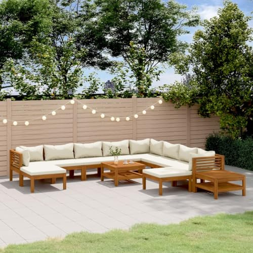 PTUGUOF 12-TLG. Lounge-Set mit cremefarbenen Kissen aus massivem Akazienholz, modulares Garten-Lounge-Set mit Couchtisch im Lattenrost-Design, Gartenmöbel Set Akazie für Terrasse